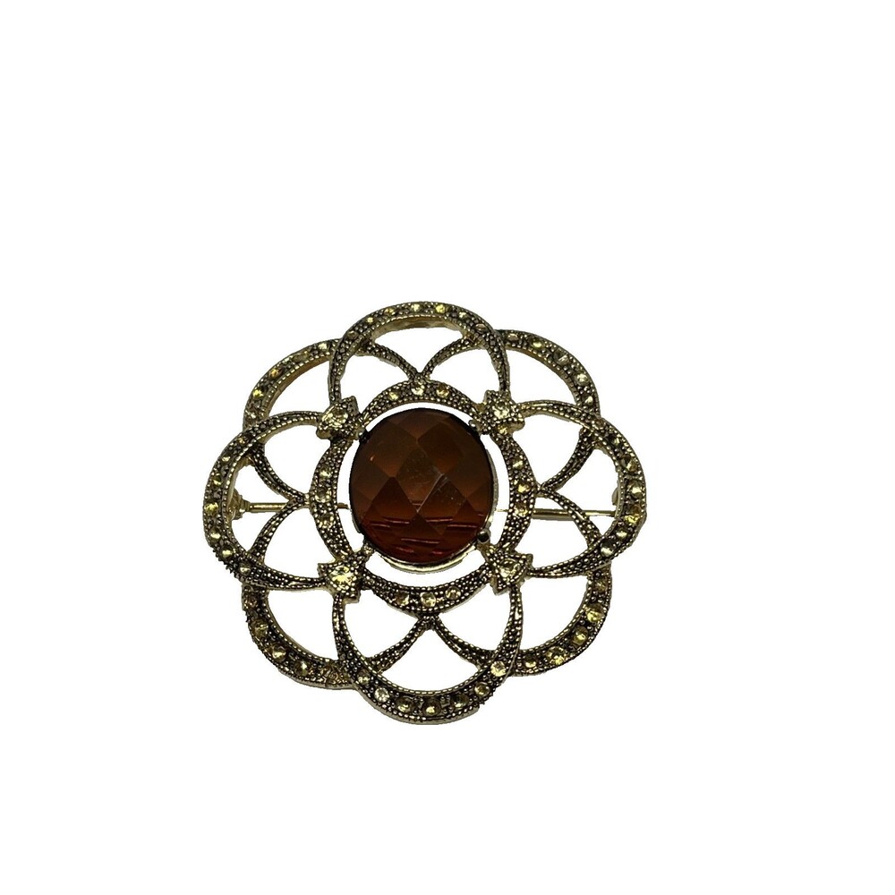 Vintage Monet Gold Tone Multi Stone Large Brown Stone Brooch Pin